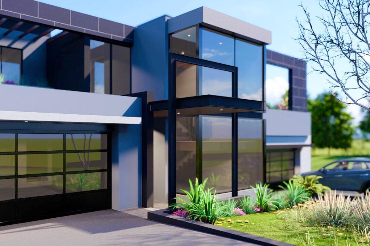 A modern architectural exterior featuring large glass windows, a double garage, and a clean, contemporary facade design.