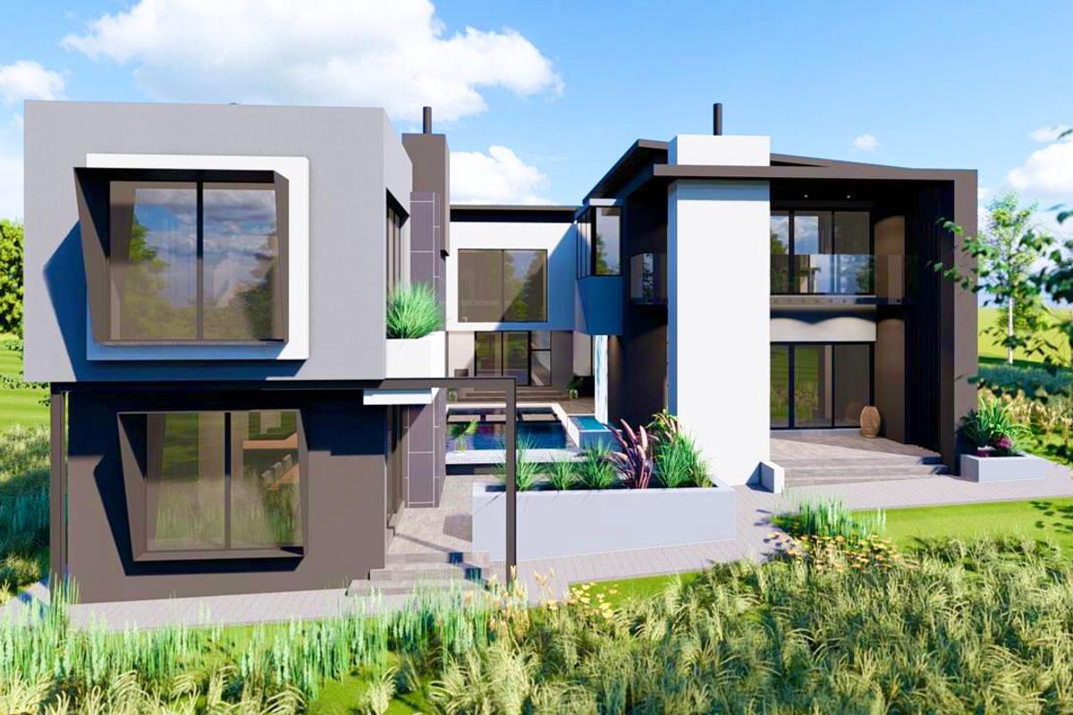 A modern architectural rendering of a luxury home featuring a swimming pool, spacious patio, and contemporary multi-level design with large glass windows.
