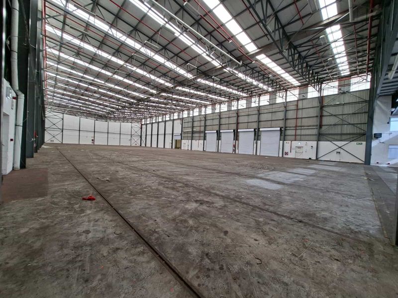 Large industrial warehouse space featuring a high-clearance steel portal frame, multiple roller shutter doors, integrated fire sprinkler system, and expansive concrete flooring.