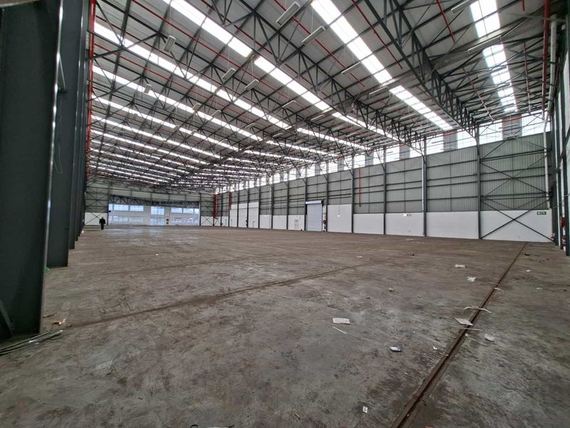 Spacious industrial warehouse featuring a high-clearance steel portal frame, translucent roof panels for natural lighting, concrete flooring, and an integrated fire sprinkler system.