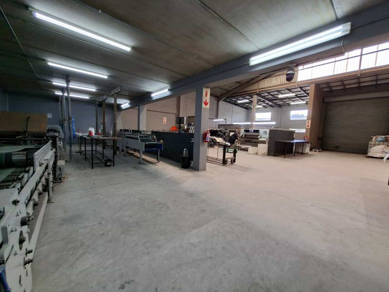 Spacious industrial warehouse area featuring concrete flooring, high ceilings with fluorescent lighting, and a large roller shutter door for easy access.