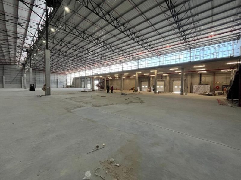 Expansive industrial warehouse space featuring high ceilings with exposed steel trusses, concrete flooring, and multiple roller shutter doors for efficient logistics access.