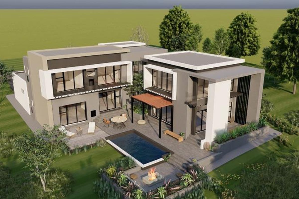 Aerial view of a modern two-story residential property featuring a swimming pool, fire pit area, and spacious patio.