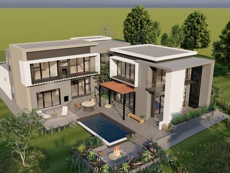 Aerial view of a modern two-story residential property featuring a swimming pool, fire pit area, and spacious patio.