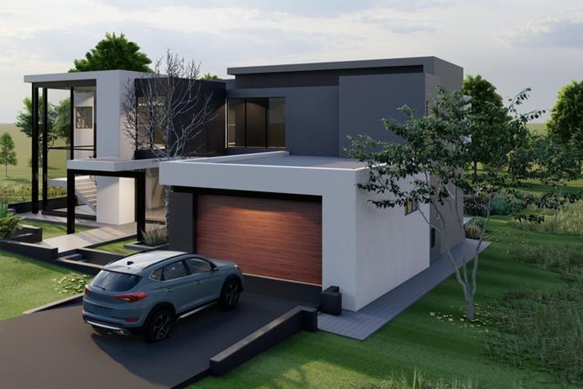A modern architectural house design featuring a sleek facade, flat roof, and integrated double garage with a paved driveway.