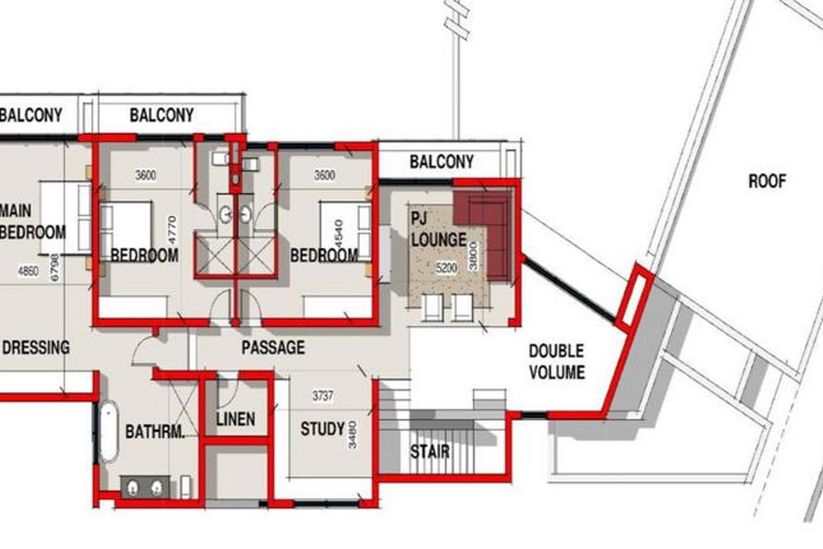 Architectural floor plan showing the layout of the upper level, including bedrooms, bathrooms, a pajama lounge, and balcony access.