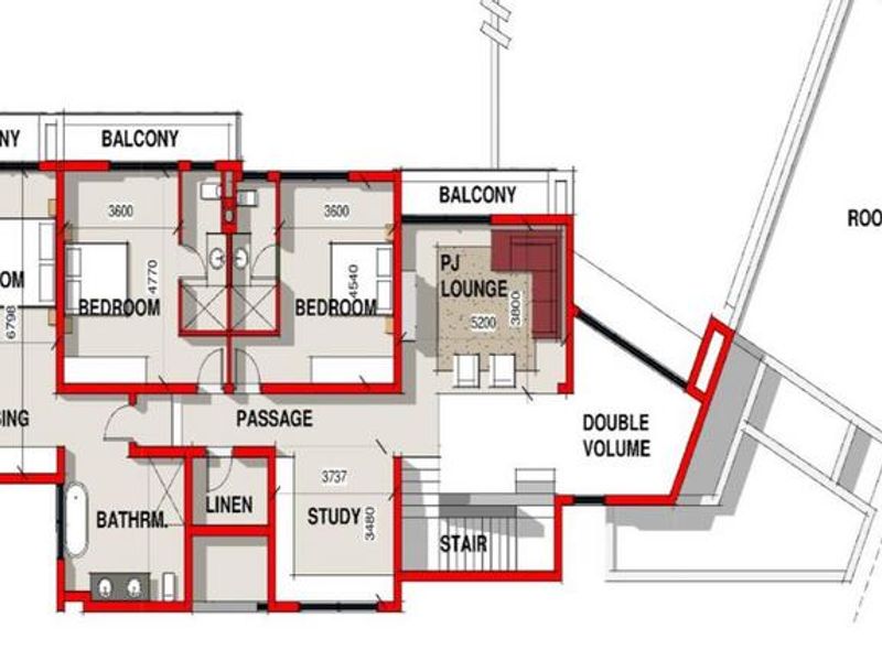 Architectural floor plan showing the layout of the upper level, including bedrooms, bathrooms, a pajama lounge, and balcony access.