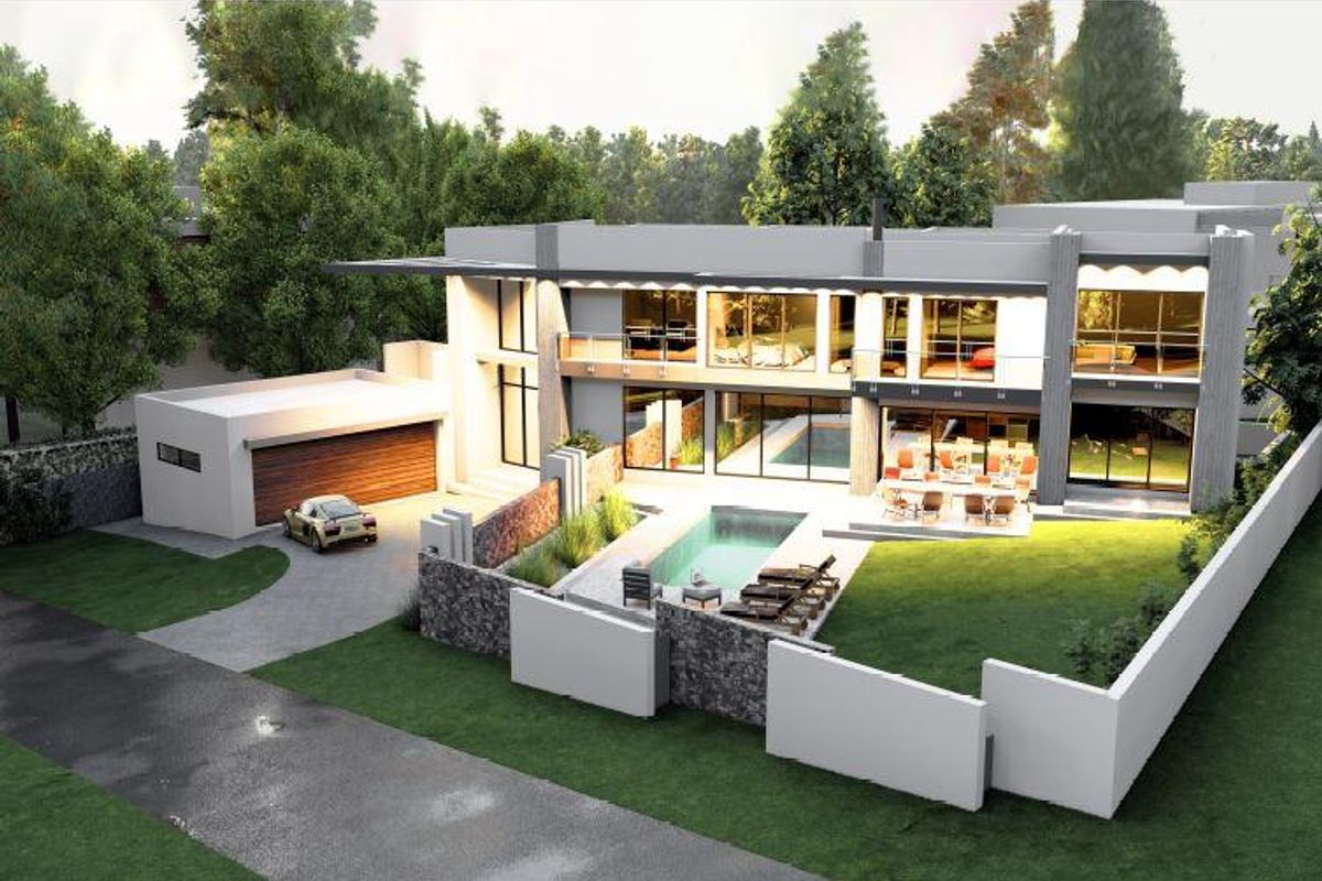 A modern architectural rendering of a luxury residence featuring a swimming pool, spacious patio, and expansive glass facade overlooking a landscaped garden.
