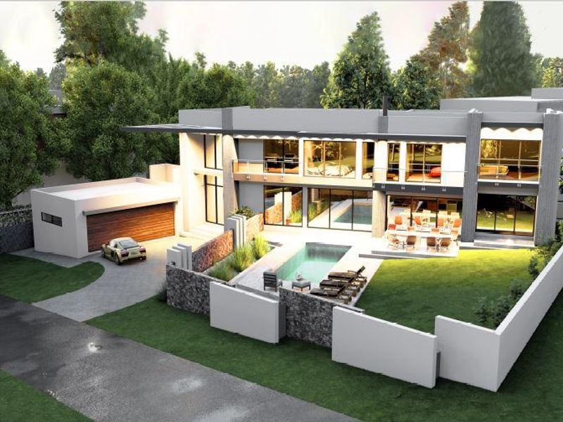 A modern architectural rendering of a luxury residence featuring a swimming pool, spacious patio, and expansive glass facade overlooking a landscaped garden.