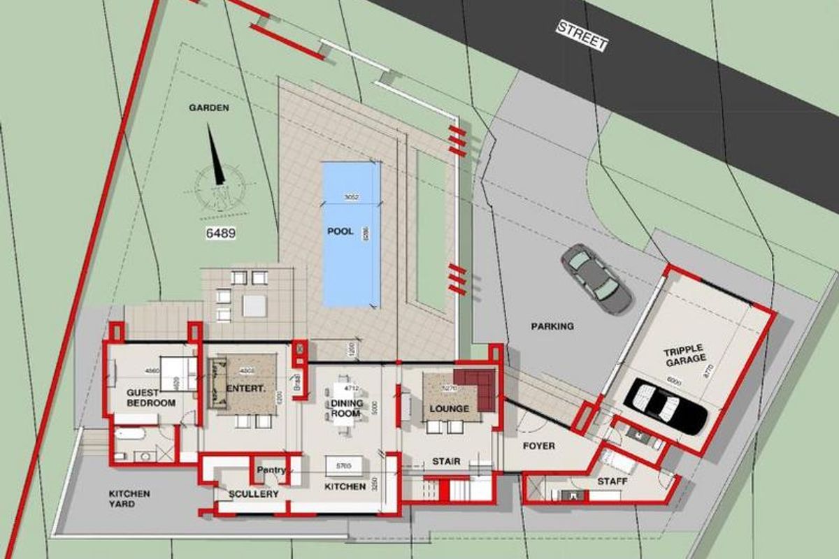 Architectural floor plan showing the layout of the house, including the pool, triple garage, and garden area.