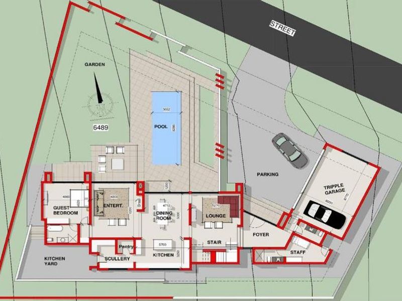 Architectural floor plan showing the layout of the house, including the pool, triple garage, and garden area.