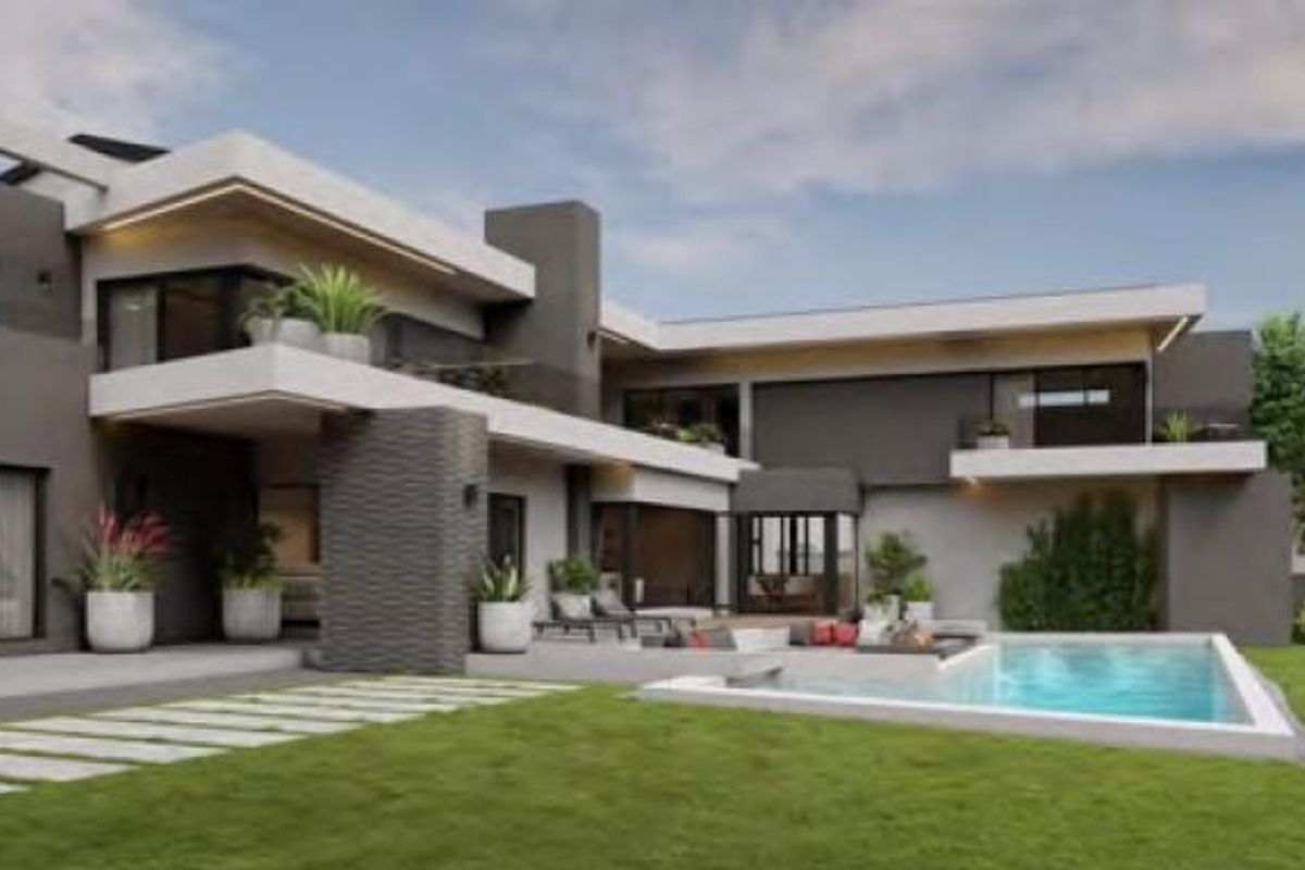 Modern luxury rear exterior featuring a swimming pool, expansive covered patio, balconies, and contemporary architectural finishes overlooking a landscaped garden.