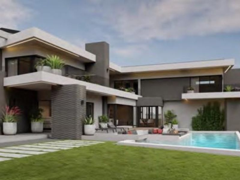 Modern luxury rear exterior featuring a swimming pool, expansive covered patio, balconies, and contemporary architectural finishes overlooking a landscaped garden.