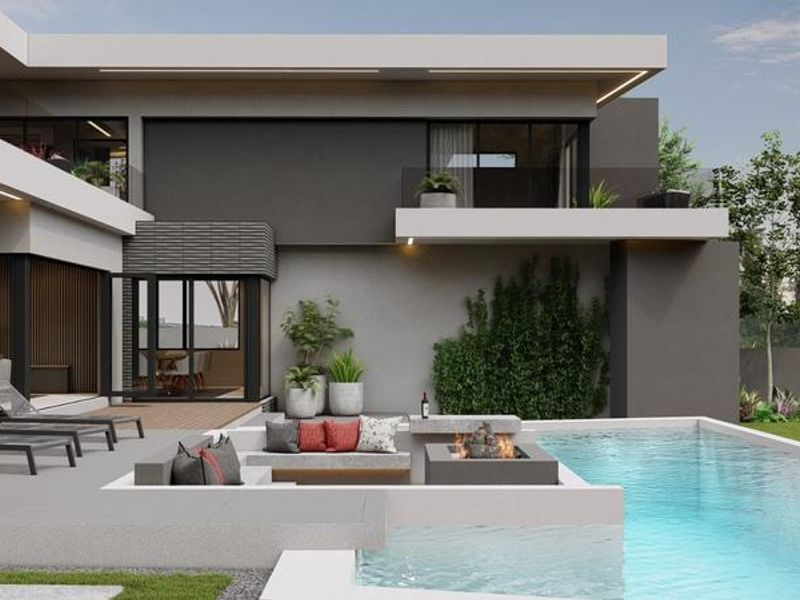 Modern luxury outdoor living area featuring a swimming pool, sunken fire pit with built-in seating, and contemporary architectural design with integrated lighting.