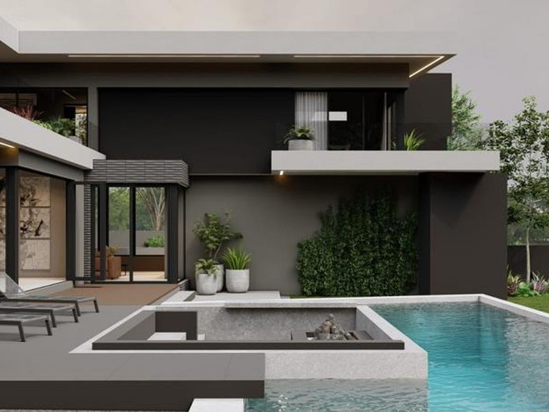 Modern rear exterior featuring a sleek swimming pool, sunken fire pit area, and expansive tiled patio with contemporary architectural design.