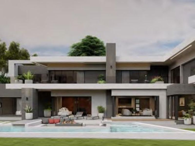 A modern luxury residence featuring a spacious rear patio, sunken fire pit area, and a swimming pool with contemporary architectural design.
