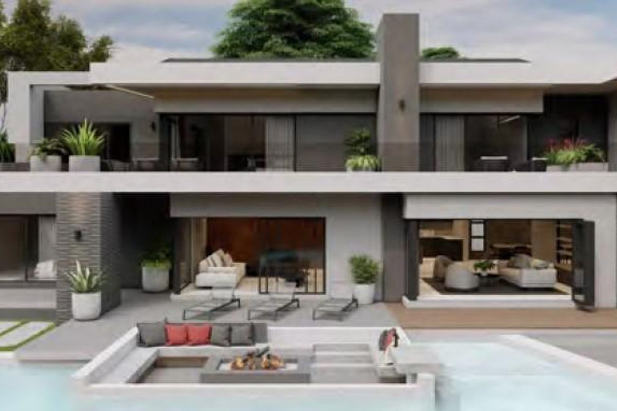 Modern luxury rear elevation featuring a swimming pool, sunken fire pit, expansive covered patio, and seamless indoor-outdoor flow through large sliding glass doors.