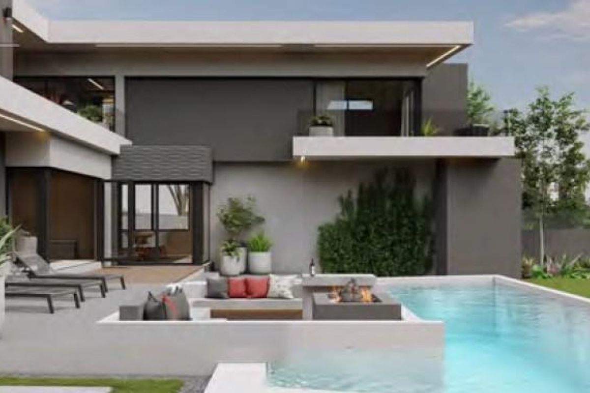 Modern outdoor living space featuring a swimming pool, sunken seating area with a built-in fire pit, and a contemporary architectural design.