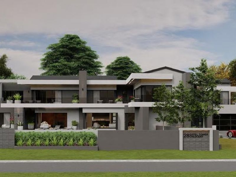 A contemporary two-story luxury residence featuring a modern facade, integrated balconies, a spacious garage, and a well-manicured front garden.