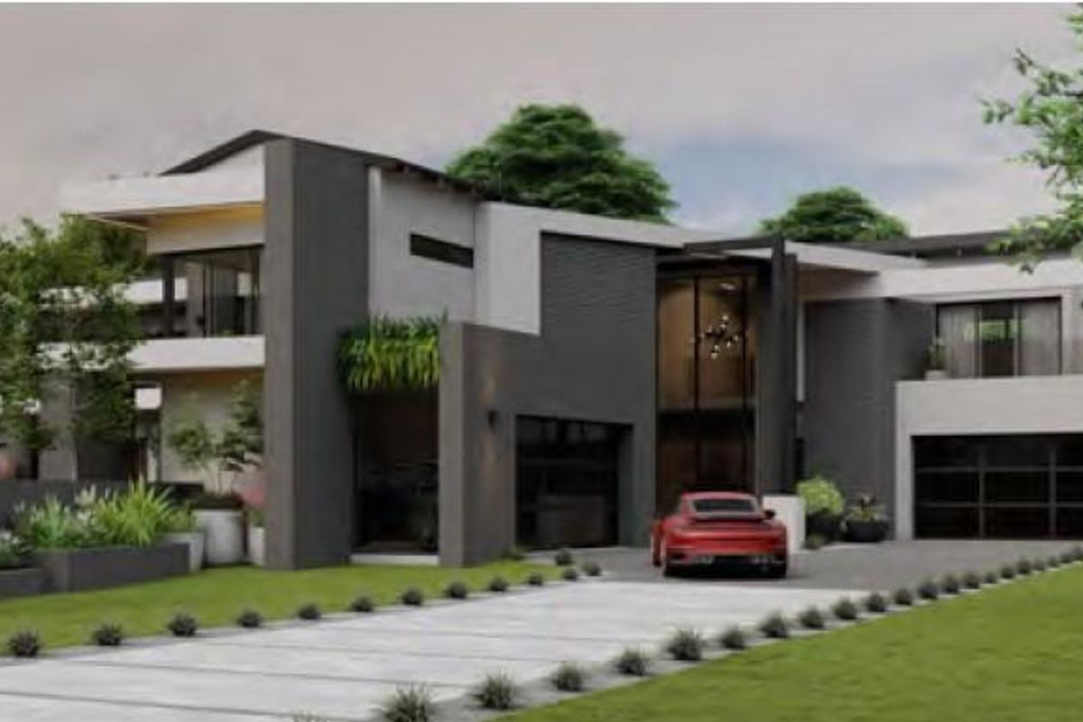 A modern, multi-level architectural home featuring a striking dark and light facade, double garages, and a well-manicured front garden with a paved driveway.