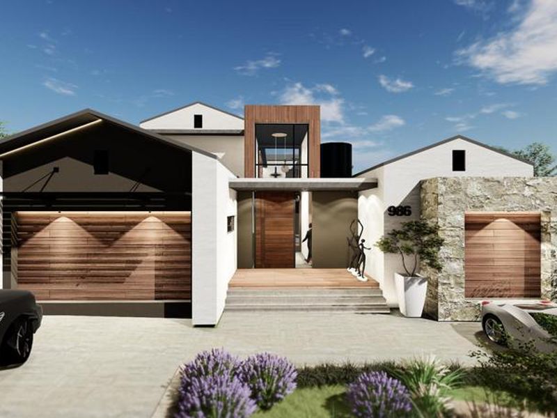 Modern architectural front facade featuring stone cladding, timber accents, and a spacious concrete driveway entrance.