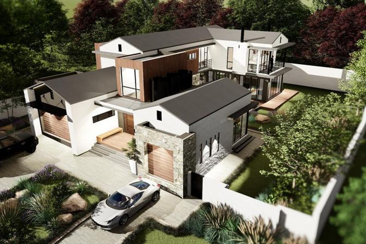 An aerial perspective of a modern architectural house design featuring a multi-level structure, stone and timber finishes, and integrated garage and outdoor spaces.