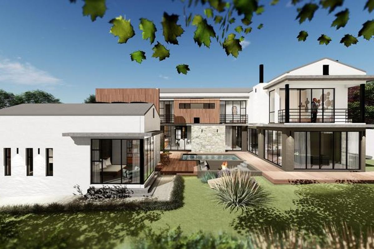 A modern architectural rear elevation featuring a swimming pool, timber decking, sunken fire pit, and expansive glass doors opening to the garden.