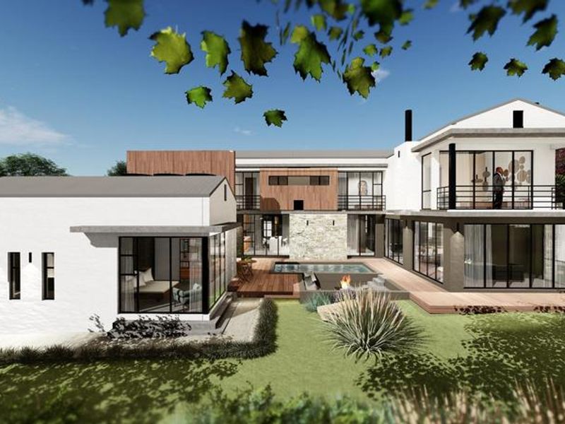 A modern architectural rear elevation featuring a swimming pool, timber decking, sunken fire pit, and expansive glass doors opening to the garden.