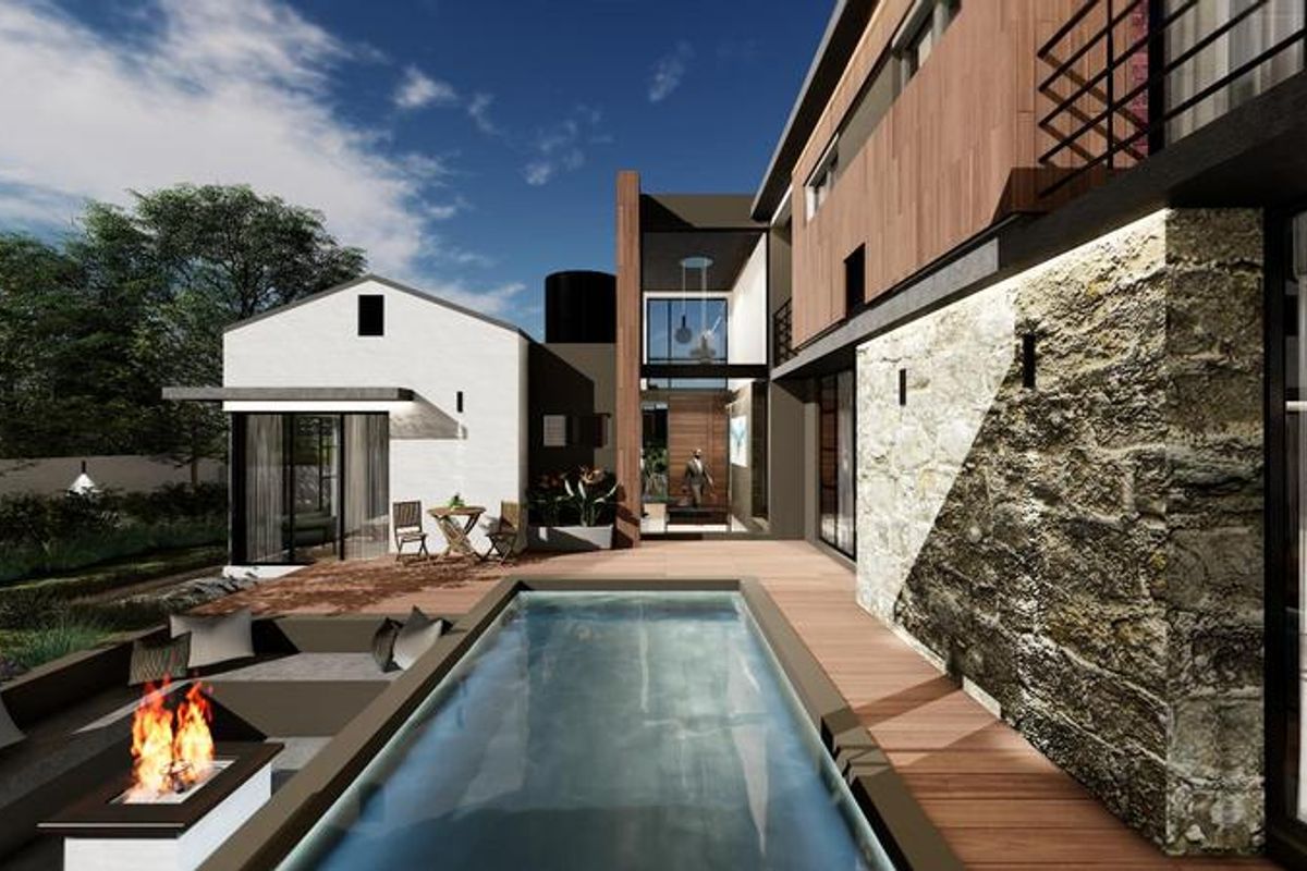 Modern outdoor entertainment area featuring a swimming pool, timber decking, stone feature wall, and a built-in fire pit.