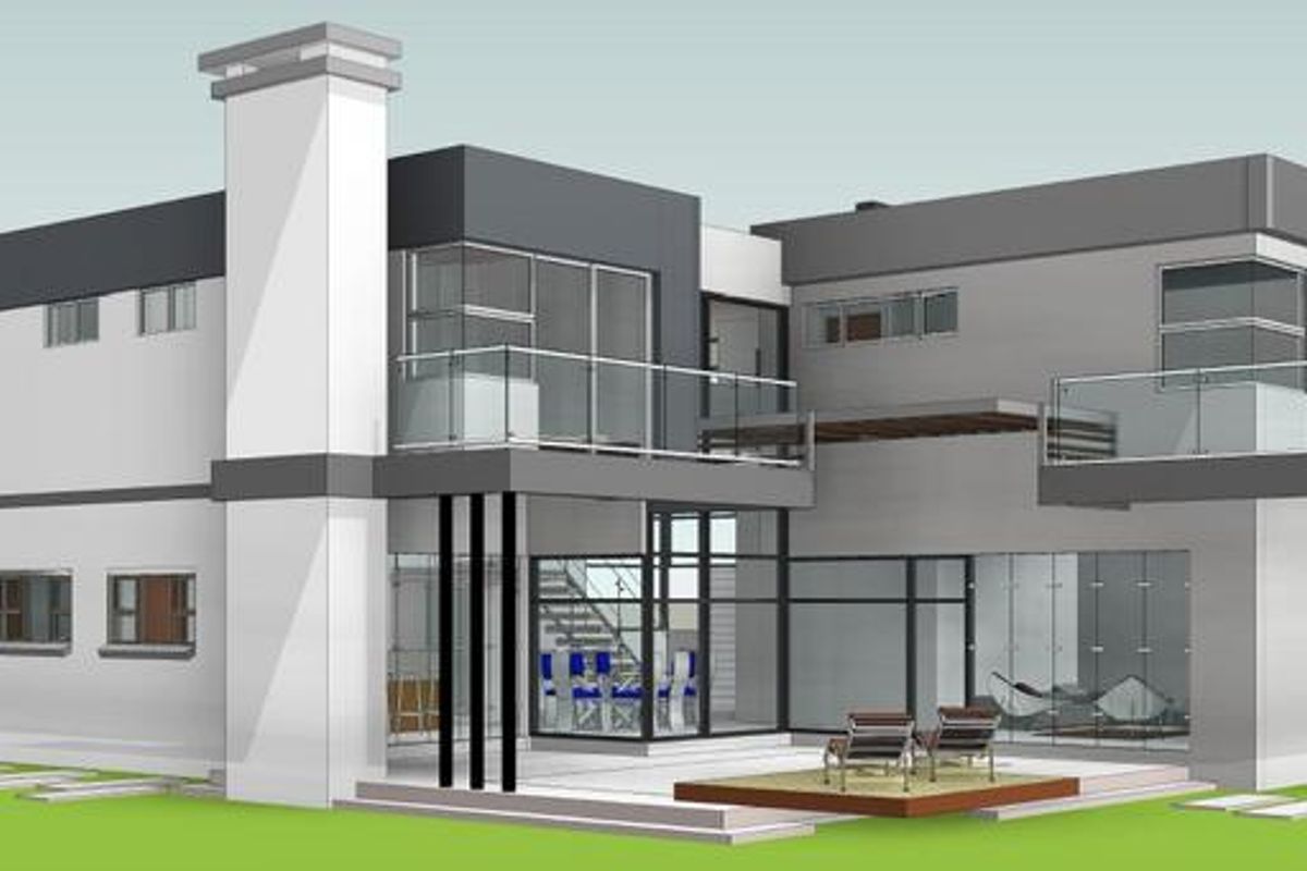 A 3D architectural rendering of a modern two-story house featuring a rear patio, balconies with glass balustrades, and large floor-to-ceiling windows.