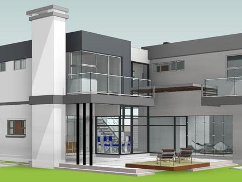 A 3D architectural rendering of a modern two-story house featuring a rear patio, balconies with glass balustrades, and large floor-to-ceiling windows.