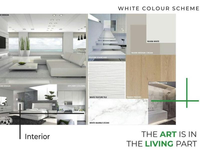 A design mood board showcasing various interior concepts including living, bedroom, kitchen, and bathroom finishes with a white color scheme.