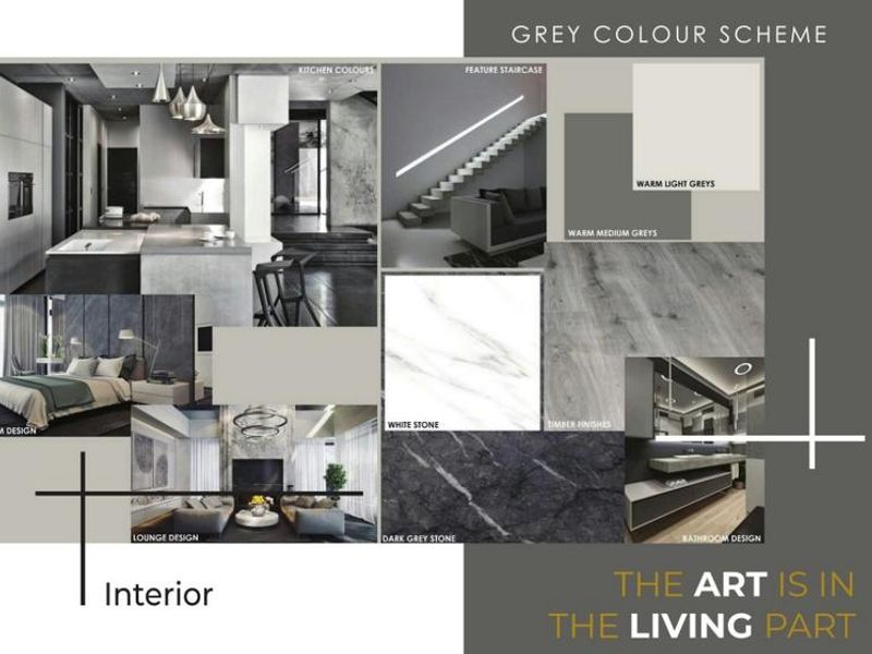 A design mood board showcasing various interior concepts, material finishes, and colour schemes for a modern residential property.