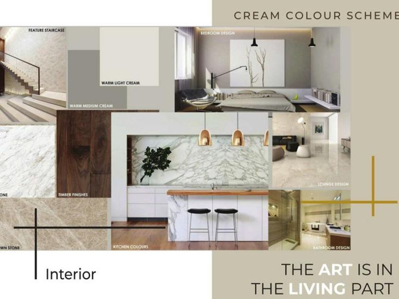 A design mood board showcasing various interior finishes, color palettes, and room concepts for a residential property.