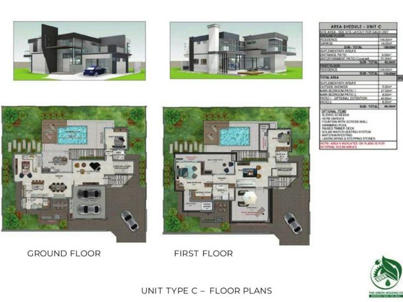 Architectural floor plan for Unit Type C, detailing ground and first floor layouts, including garage, patio, and swimming pool areas.
