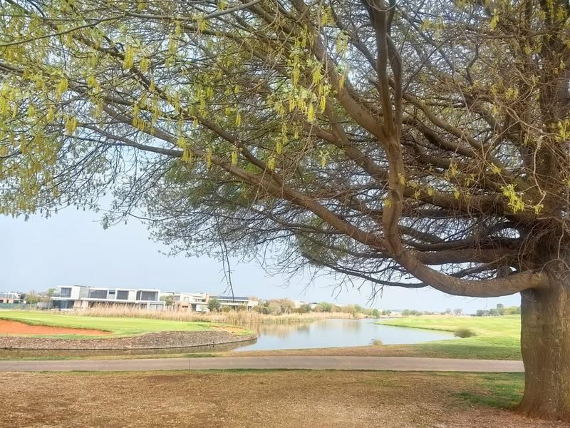 A scenic view overlooking a tranquil lake and manicured golf course grounds, framed by a large mature tree in the foreground.