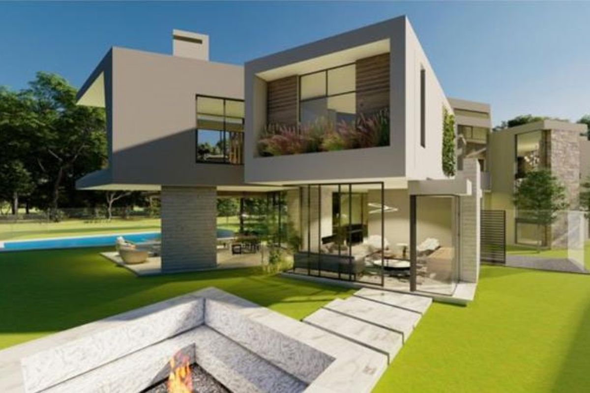 Modern architectural rear elevation featuring a swimming pool, sunken fire pit, and expansive glass facades connecting indoor and outdoor living spaces.