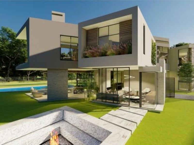 Modern architectural rear elevation featuring a swimming pool, sunken fire pit, and expansive glass facades connecting indoor and outdoor living spaces.
