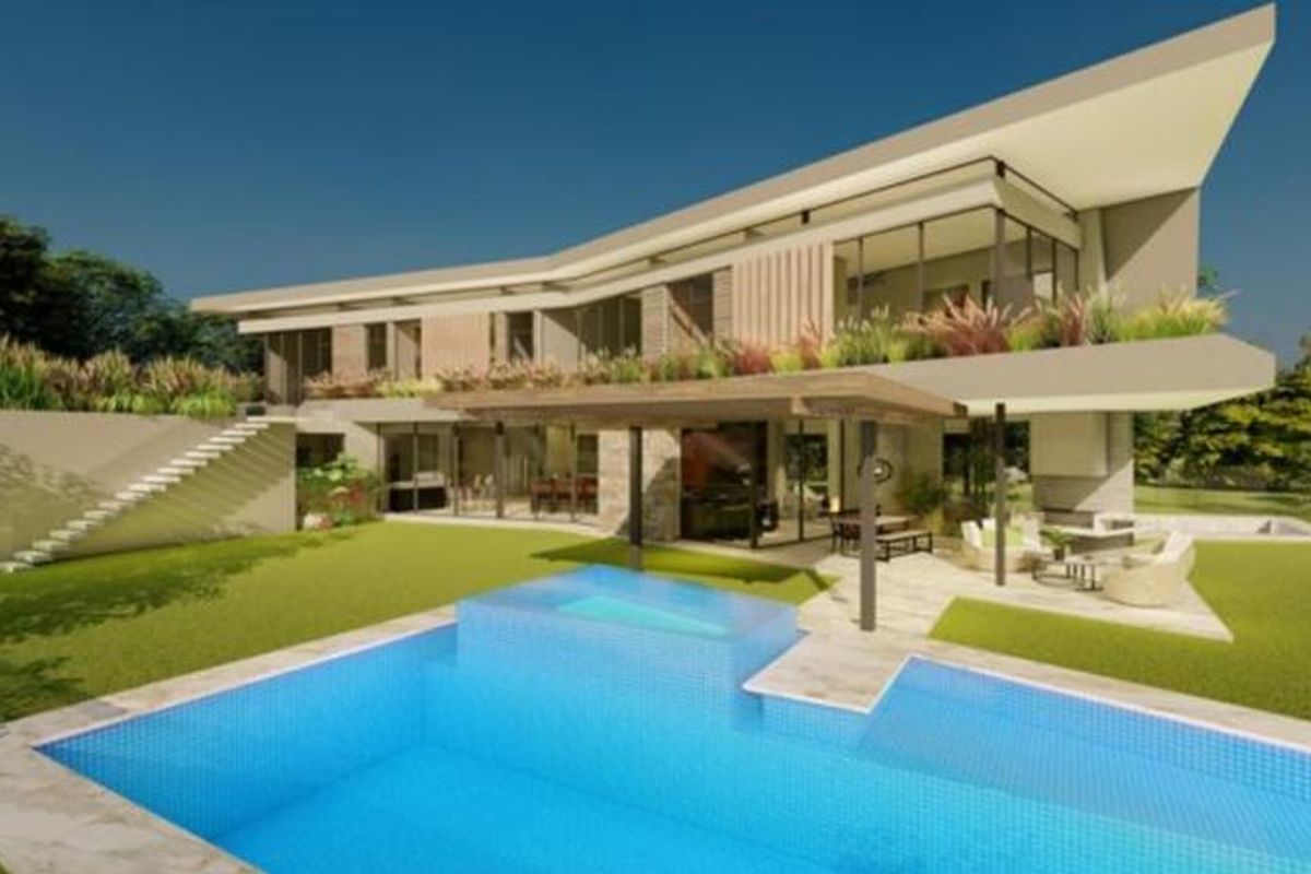 Modern architectural rear elevation featuring a swimming pool, covered patio area, and landscaped garden with contemporary design elements.