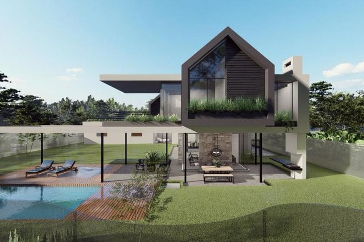 Modern architectural rear elevation featuring a swimming pool, timber decking, covered patio with built-in fireplace, and a landscaped garden.
