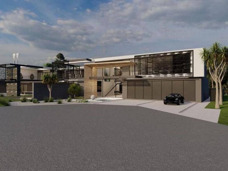 A modern architectural front elevation featuring clean lines, timber accents, and a spacious paved driveway leading to a large garage.