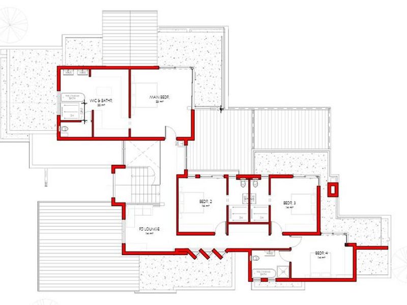 Architectural floor plan showing the layout of the upper level, including four bedrooms, bathrooms, and a lounge area.