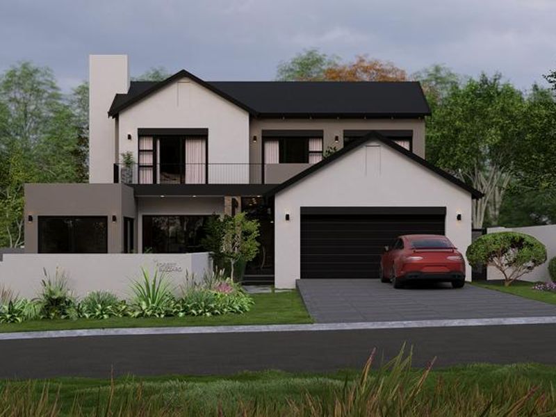 A modern two-story residential house featuring a double garage, balcony, and contemporary architectural design with a paved driveway and landscaped front garden.