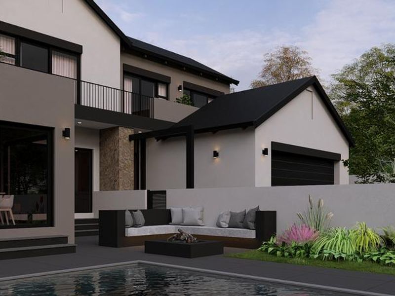 Modern rear exterior view featuring a swimming pool, landscaped garden, stone-clad accents, and a balcony overlooking the patio area.