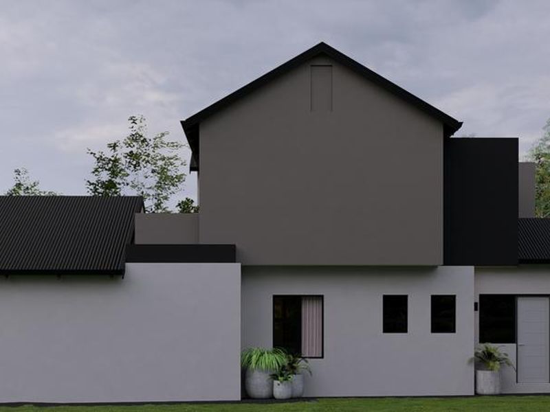 A modern two-story residential exterior featuring a clean rendered facade, dark corrugated metal roofing, and contemporary window placements.