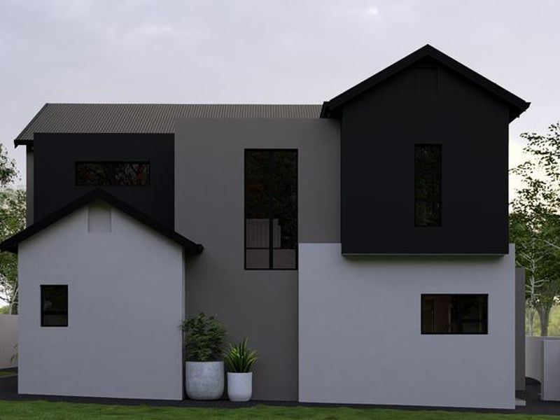 A modern two-story residential exterior featuring a contemporary multi-tone facade with clean lines and dark metal roofing.