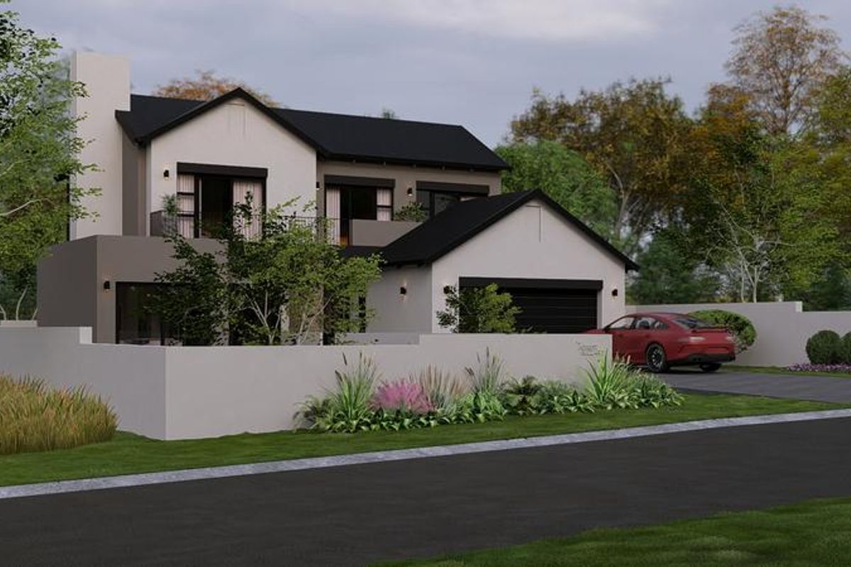 A modern double-storey residential property featuring a pitched roof, integrated garage, and a clean, contemporary facade with a front boundary wall.