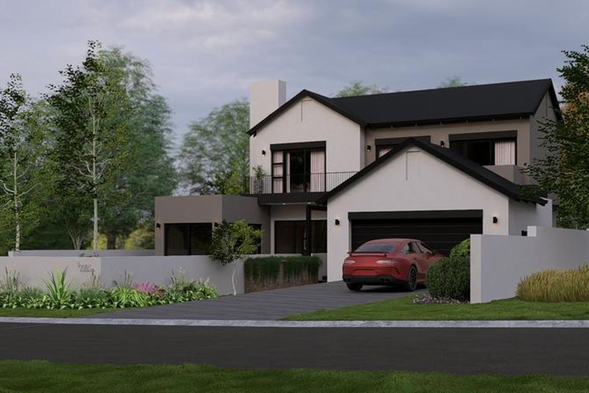 A modern double-storey residential property featuring a pitched roof, balcony, integrated garage, and a landscaped front garden with a paved driveway.