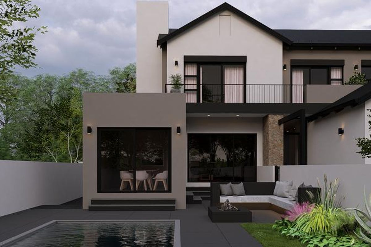 Modern rear exterior view featuring a swimming pool, paved patio area, stone-clad accents, and a balcony overlooking the garden.