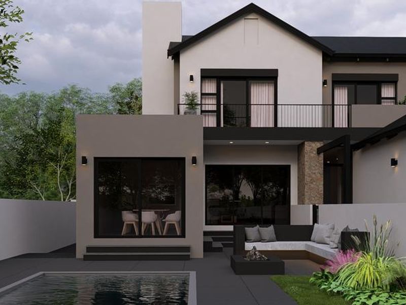 Modern rear exterior view featuring a swimming pool, paved patio area, stone-clad accents, and a balcony overlooking the garden.